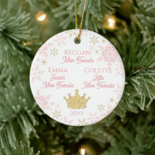 Three Pageant Princesses Pink Gold Snowflakes Ceramic Ornament