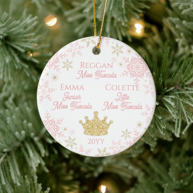 Three Pageant Princesses Pink Gold Snowflakes Ceramic Ornament (Tree)