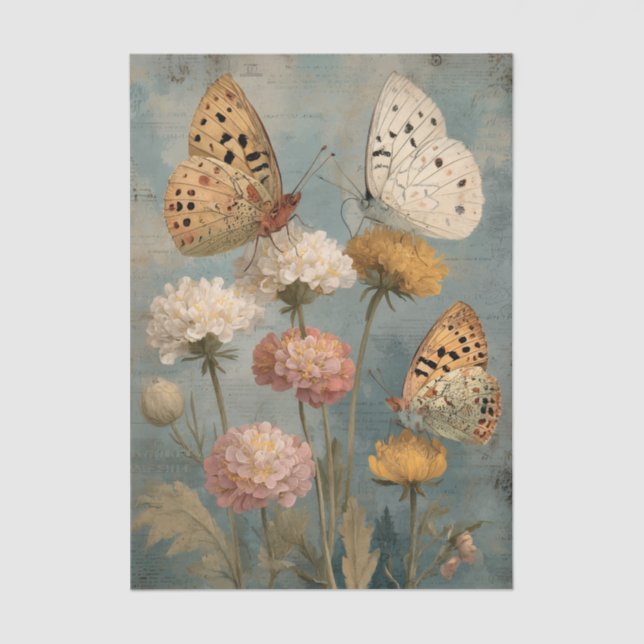 Three Painterly Butterflies Perched on Flowers Tissue Paper (Front)