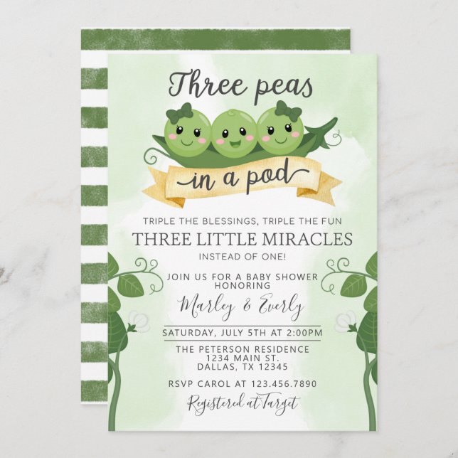 Three Peas in a Pod Baby Shower Invitation Triplet (Front/Back)