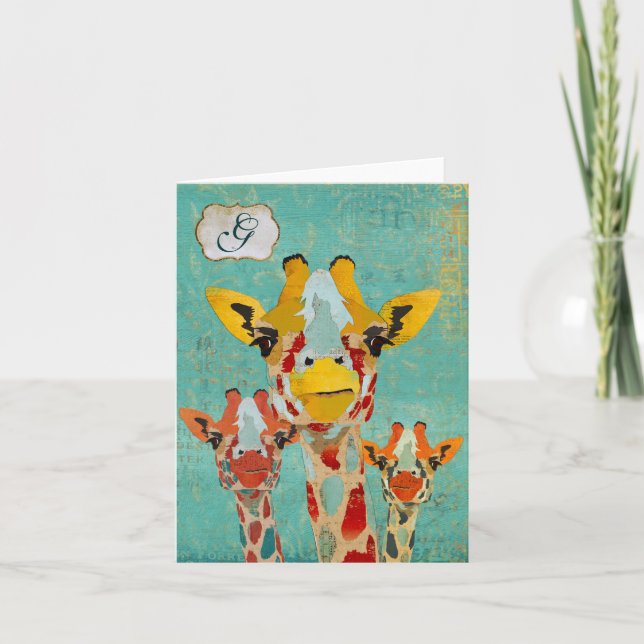 Three Peeking Giraffe  Monogram Notecard (Front)