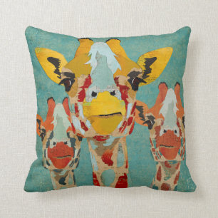 Three Peeking Giraffes Blue Pillow