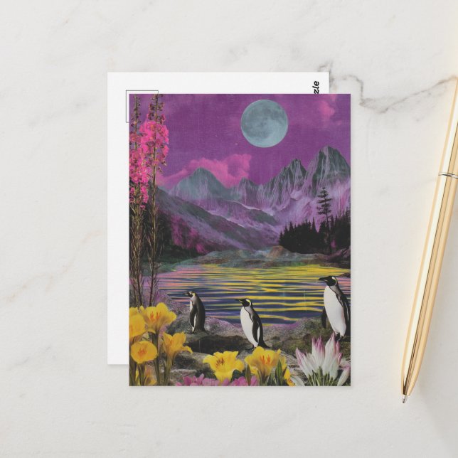 Three Peguins Surreal Mixed media  Postcard (Front/Back In Situ)