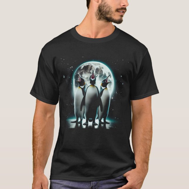 Three Penguins Howling at Moon Like Three Wolves T-Shirt (Front)