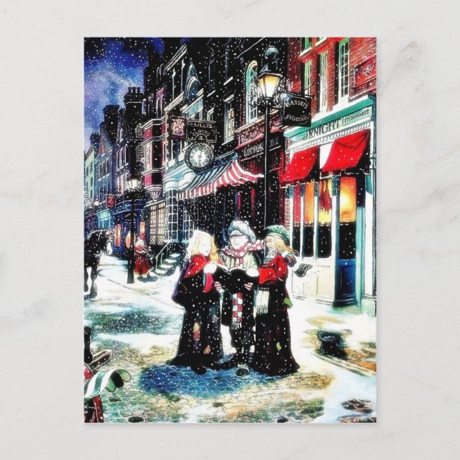 Three persons standing on a street singing christm holiday postcard (Front)
