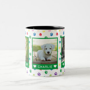 Three Pet Photos Names Green Colourful Paw Prints Two-Tone Coffee Mug