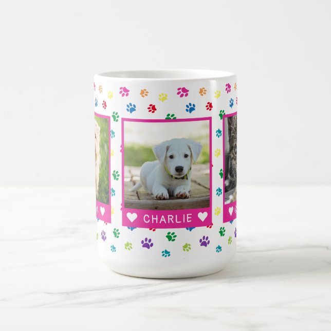 Three Pet Photos Names Pink Colourful Paw Prints Coffee Mug (Center)