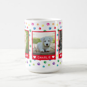 Three Pet Photos Names Red Colourful Paw Prints Coffee Mug