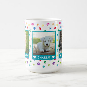 Three Pet Photos Names Teal Colourful Paw Prints Coffee Mug