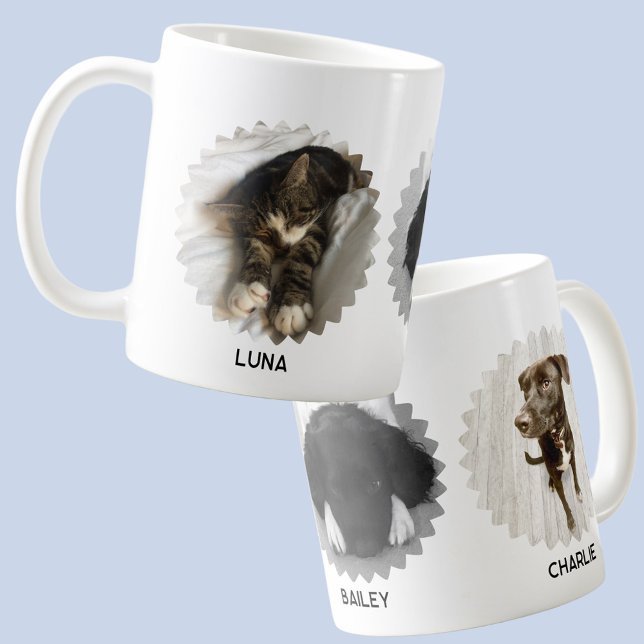 Three Pet Wavy Edged Photo Collage Name Coffee Mug (Modern wavy edged photo collage with personalized names coffee mug for pet and animal lovers)