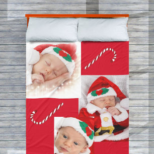 Three Photo Baby 1st Christmas Family Candy Canes Fleece Blanket