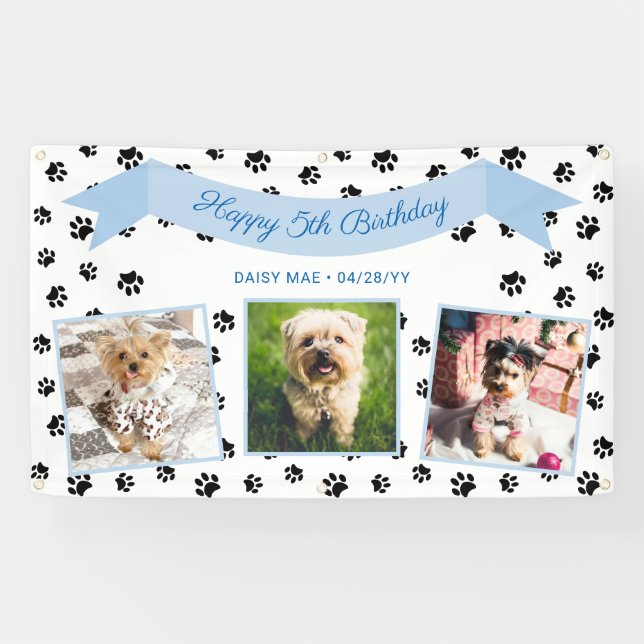 Three Photo Black Paw Prints Blue Pet Birthday Banner (Horizontal)