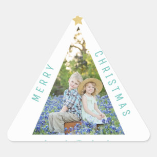 Three Photo Christmas Tree Modern Holiday Card Triangle Sticker