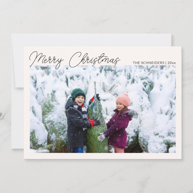 Three Photo Collage Black Script Merry Christmas Holiday Card (Front)