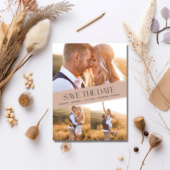 Three Photo Collage Boho Wedding Save the Date Announcement Postcard (Three Photo Collage Boho Wedding Save the Date)