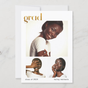 Three Photo Collage Graduation Party Faux Gold Invitation