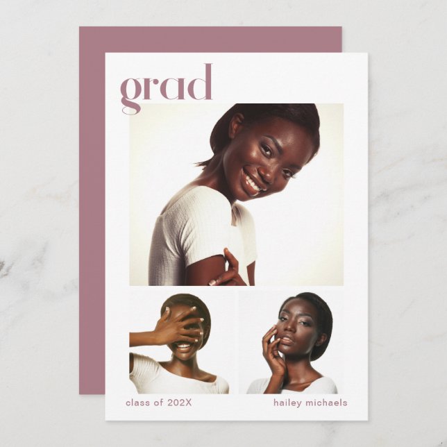 Three Photo Collage Graduation Party Pink Invitation (Front/Back)