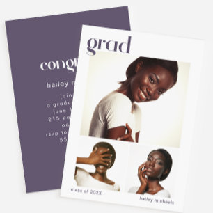 Three Photo Collage Graduation Party Purple Invita Invitation