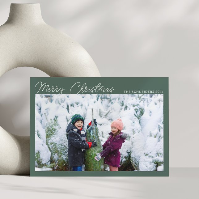 Three Photo Collage Green Script Merry Christmas Holiday Card (Creator Uploaded)