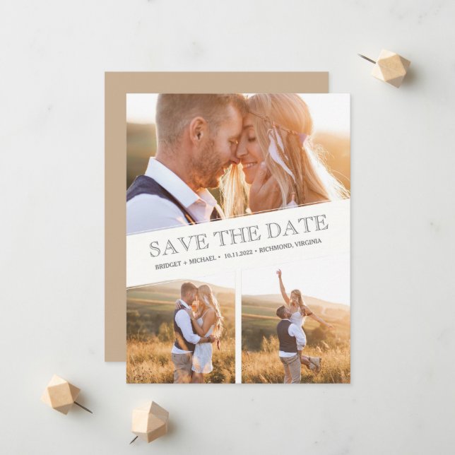 Three Photo Collage Modern Wedding Save the Dates Announcement (Front/Back In Situ)