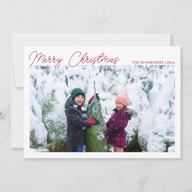 Three Photo Collage Red Script Merry Christmas Holiday Card (Front)
