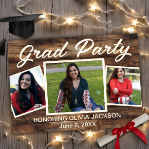 Three Photo Collage Rustic Grad Party Invitation