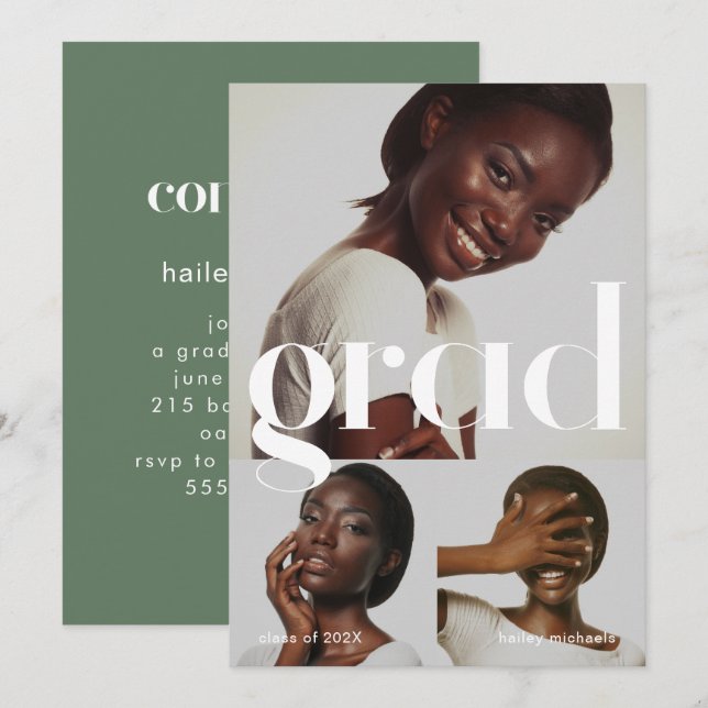 Three Photo Collage Sage Graduation Party Invitation (Front/Back)