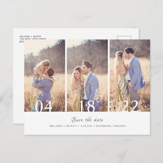 Three Photo Collage Wedding Save the Date Announcement Postcard (Front/Back)