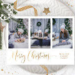 Three Photo, Elegant Merry Christmas Script, Real Foil Holiday Card<br><div class="desc">Elegant photo collage Christmas holiday card with three photo templates for you to personalise with your own images. Custom text section on the front for family name, name(s) or year. Back with text template section so you can add any message you like, or if you prefer back in blank simply...</div>