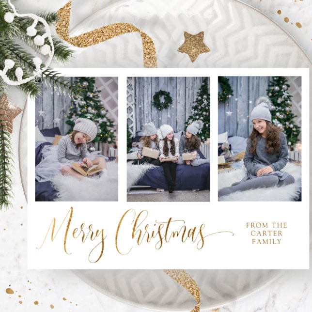 Three Photo, Elegant Merry Christmas Script, Real Foil Holiday Card (Creator Uploaded)