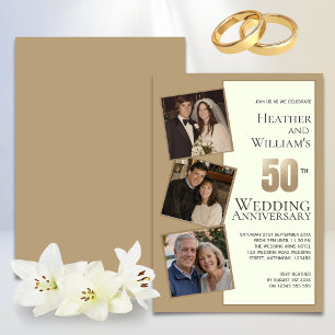 Three Photo Gold 50th Wedding Anniversary Party Invitation