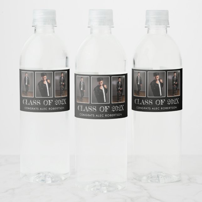Three Photo Graduation Modern Congrats Black Water Bottle Label (Bottles)