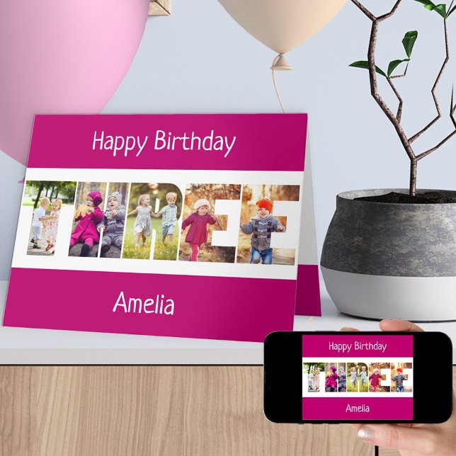 THREE Photo Letters Pink Girls 3rd Birthday Card (Creator Uploaded)