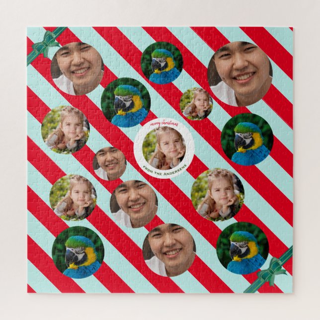 Three Photo Personalised Red Stripe Fab Christmas Jigsaw Puzzle (Vertical)
