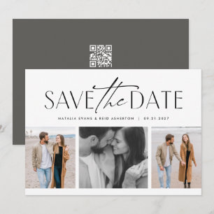 Three photo simple stylish black white save the date