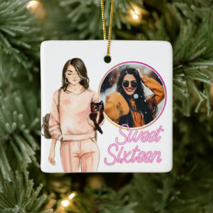Three PHOTO Sweet Sixteen Trendy Girl Christmas Ceramic Ornament