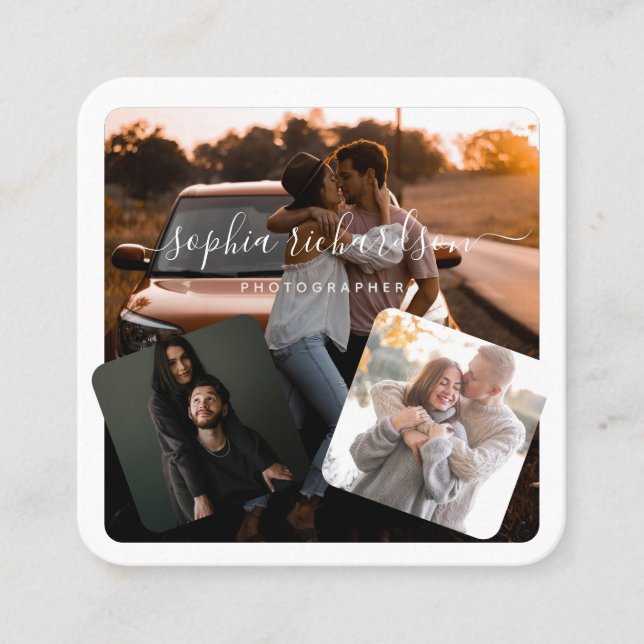 Three photos black and white casual signature square business card (Front)