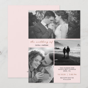 Three Photos   Blush and Faux Rose Gold Wedding Invitation