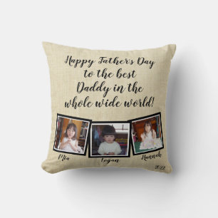 Three Photos Happy Father's Day Linen Look Cushion