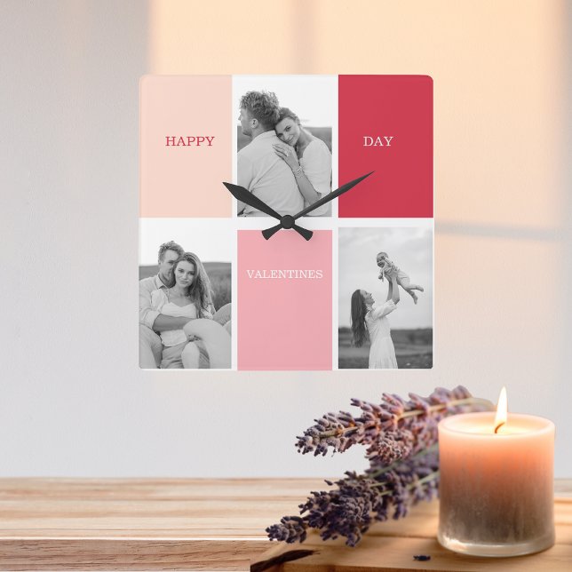 Three Photos | Happy Valentines Day Square Wall Clock (Creator Uploaded)
