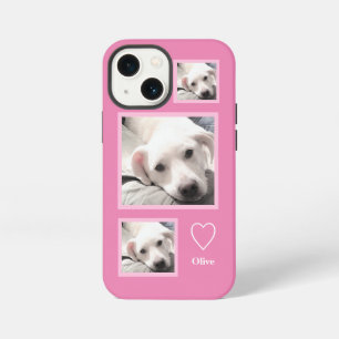 Three Photos of Cute White Puppy Add Name Pink iPhone 13 Mini Case