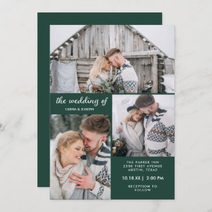 Three Photos on Emerald Green Wedding Invitation