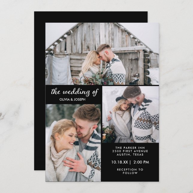 Three Photos on Modern Black | Wedding Invitation (Front/Back)