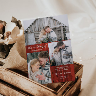 Three Photos on Red Wood Look   Christmas Wedding Invitation