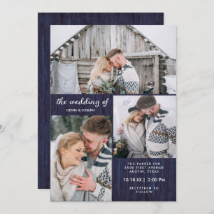 Three Photos on Rustic Blue Wood Look   Wedding Invitation