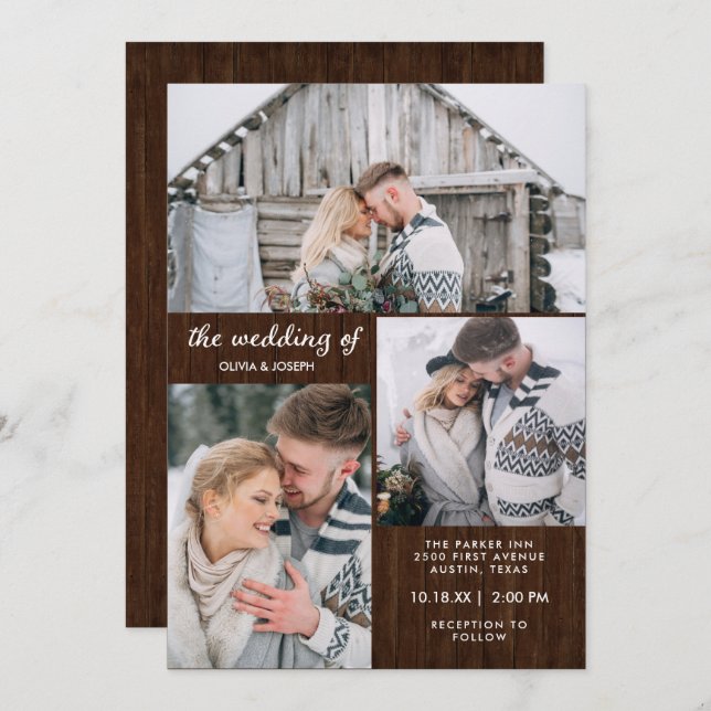 Three Photos on Rustic Wood Look | Wedding Invitation (Front/Back)