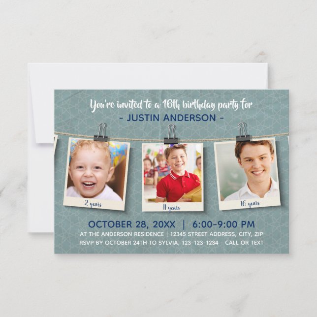 Three Photos on Twine-3x5Birthday Party Invitation (Front)