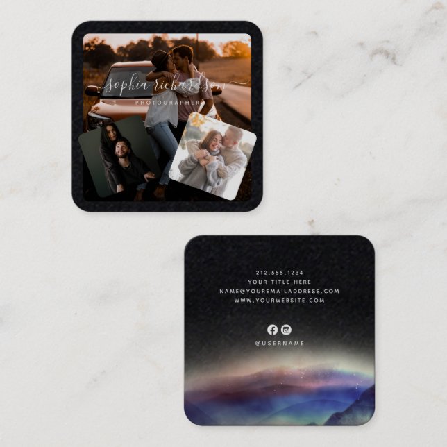 Three Photos Premium Black and White Signature Square Business Card (Front/Back)