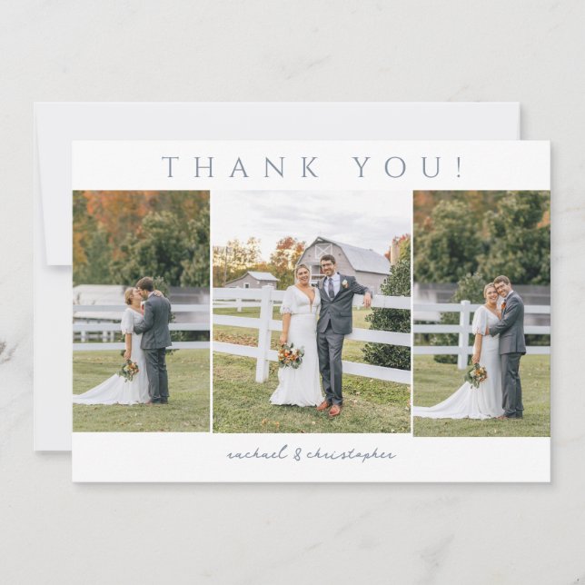 Three Picture Modern Floral Outline Dusty Blue Thank You Card (Front)