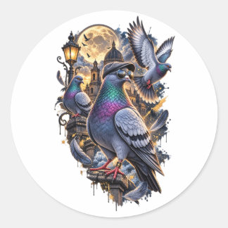Three Pigeon Vintage Graphic, Retro Pigeon Moon Classic Round Sticker